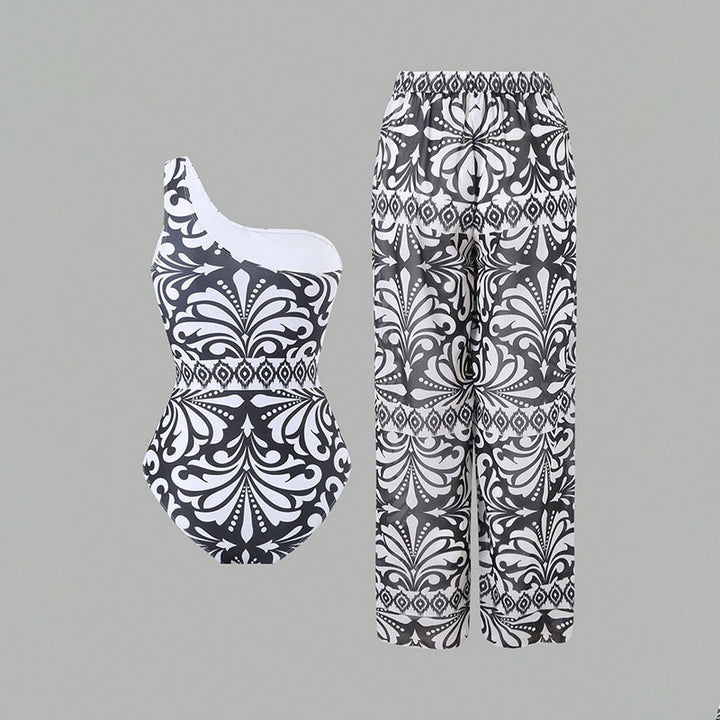 Damen einteiliger Badeanzug mit farbenfrohem Druck und passender Palazzo-Hose Drune