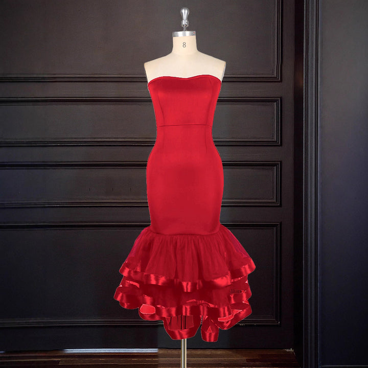 Damen figurbetontes Abendkleid mit schwingendem Rüschensaum Drune