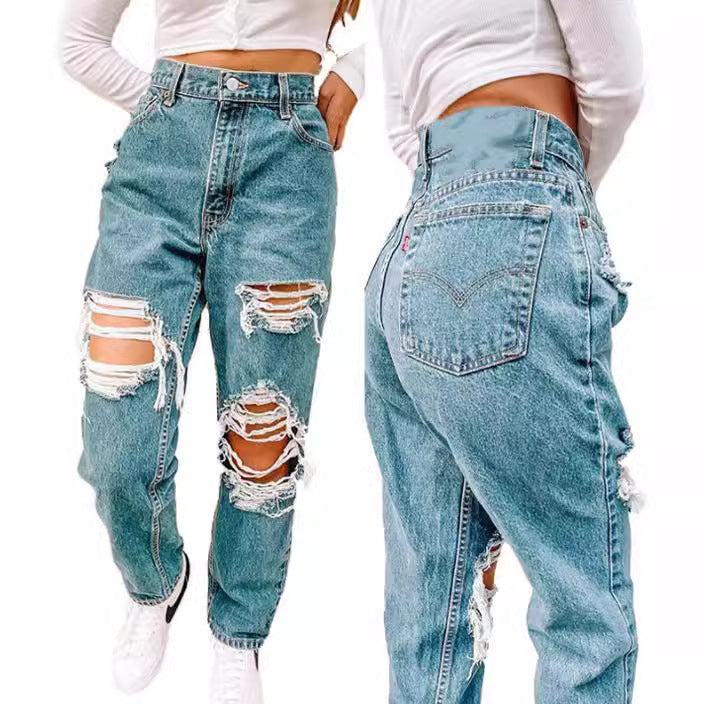Damen Vintage High-Waist Destroyed Jeans mit fransigen Details Drune