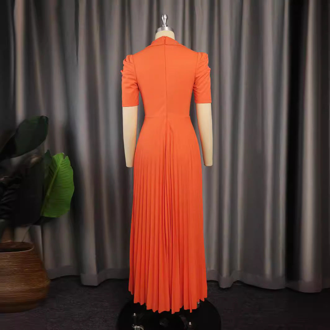 Damen elegantes Wickelkleid mit plissiertem Rock und Puffärmeln Drune