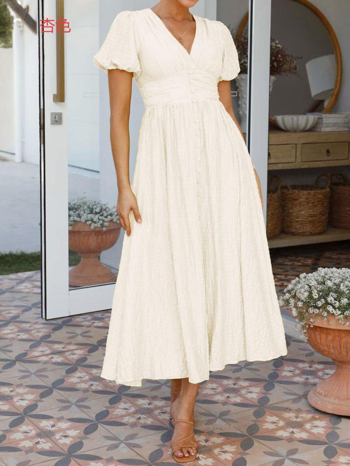 Damen Maxikleid mit V-Ausschnitt und luftigen Puffärmeln Drune