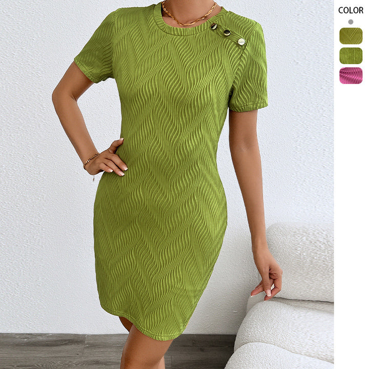 Damen Kurzarm Kleid mit strukturiertem Design und dekorativen Knöpfen Drune