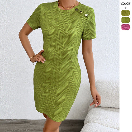 Damen Kurzarm Kleid mit strukturiertem Design und dekorativen Knöpfen Drune