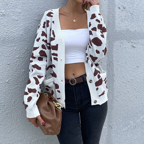 Damen modischer Strickcardigan mit tierischem Muster und Knopfdetails Drune