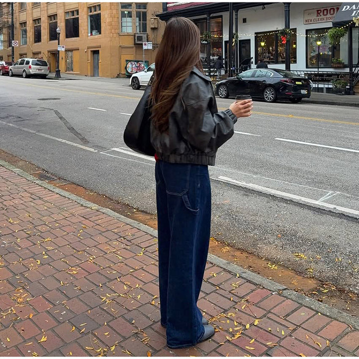 Damen lässige Kunstlederjacke mit voluminösen Ärmeln Drune