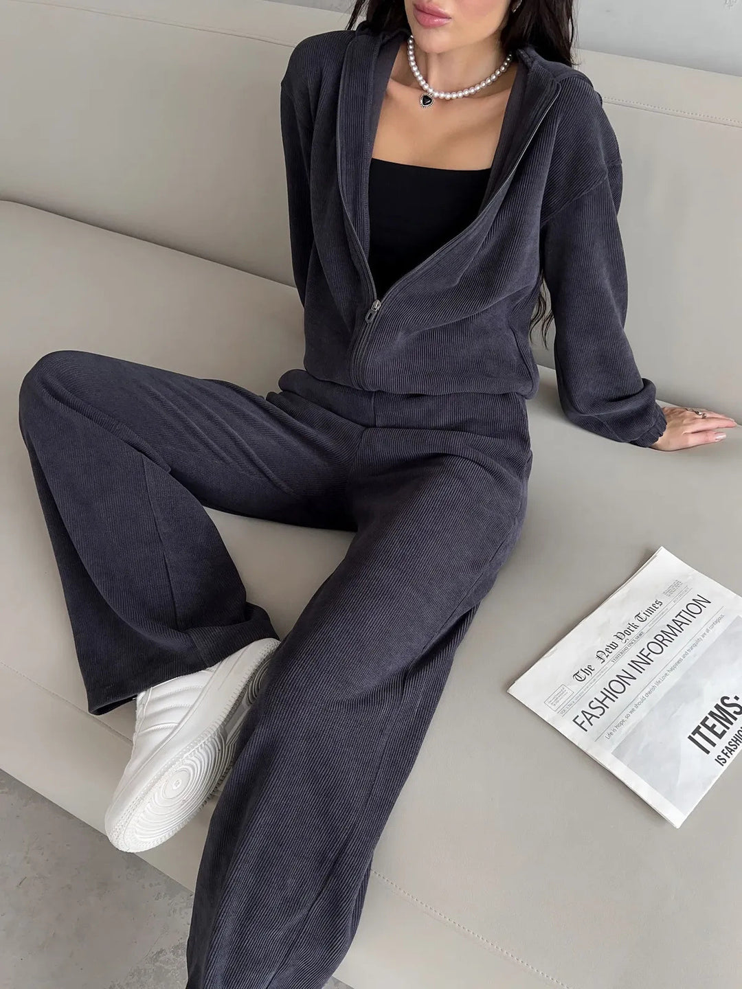 Damen nan kurzes Kapuzen-Loungewear-Set mit durchgehendem Reißverschluss, elastischem Komfortbund und gerippter Struktur Drune