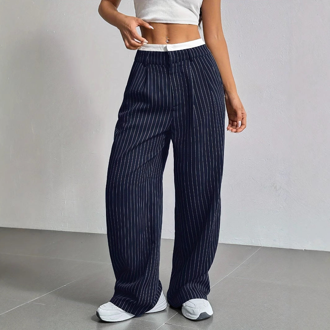 Damen Elegante Weite Hose mit Nadelstreifen und hohem Bund Drune