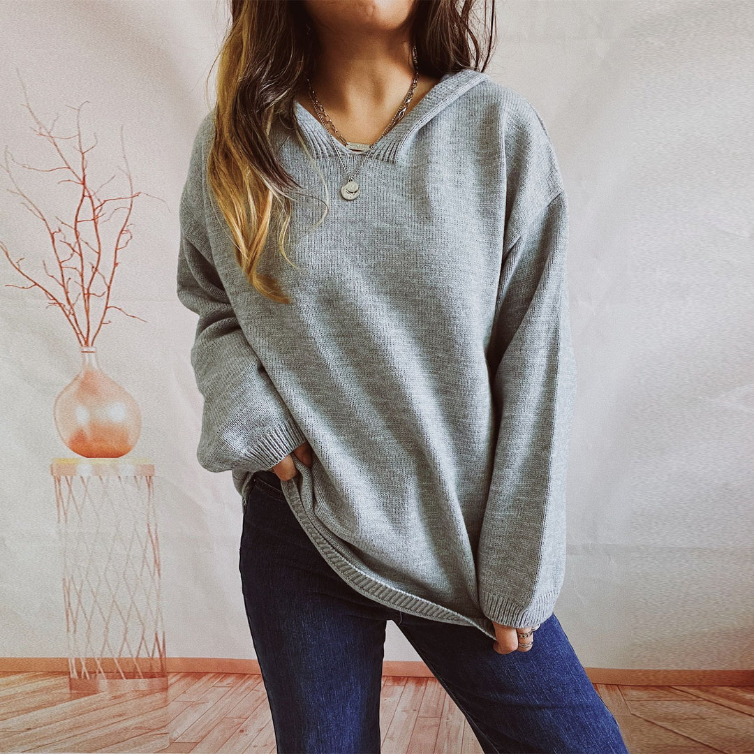 Damen lässiger Strickpullover mit Kapuze und weiten Ärmeln Drune