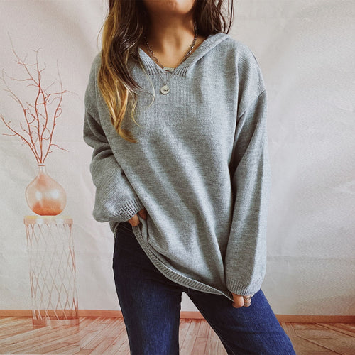 Damen lässiger Strickpullover mit Kapuze und weiten Ärmeln Drune