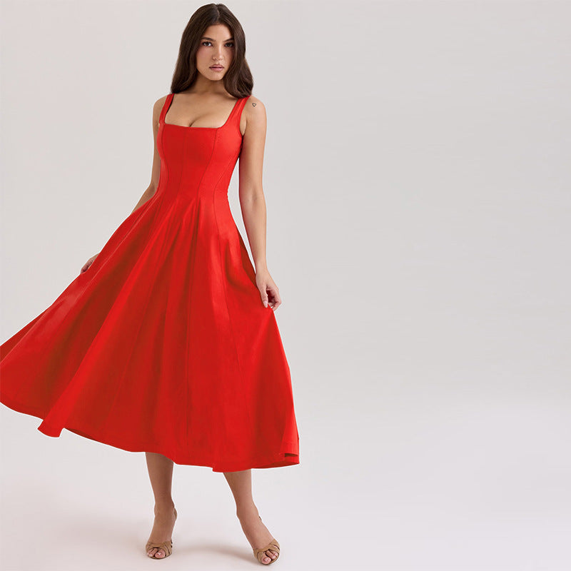 Damen A-Linien Kleid mit quadratischem Ausschnitt und schmalen Trägern Drune