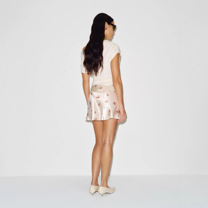 Damen Kurzer Satinrock mit floralem Design und weich fließender Silhouette Drune