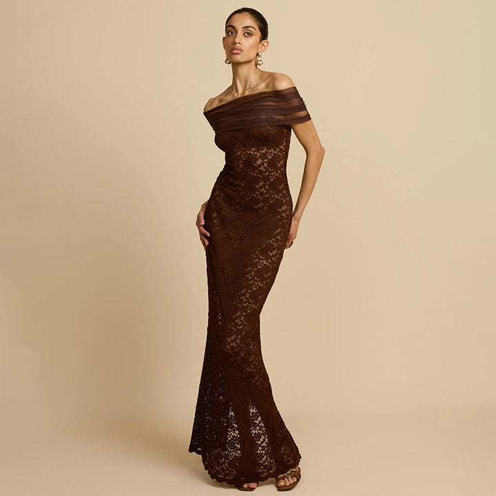 Damen Spitzen-Maxikleid mit schulterfreiem Design und elegantem Drapierungseffekt Drune