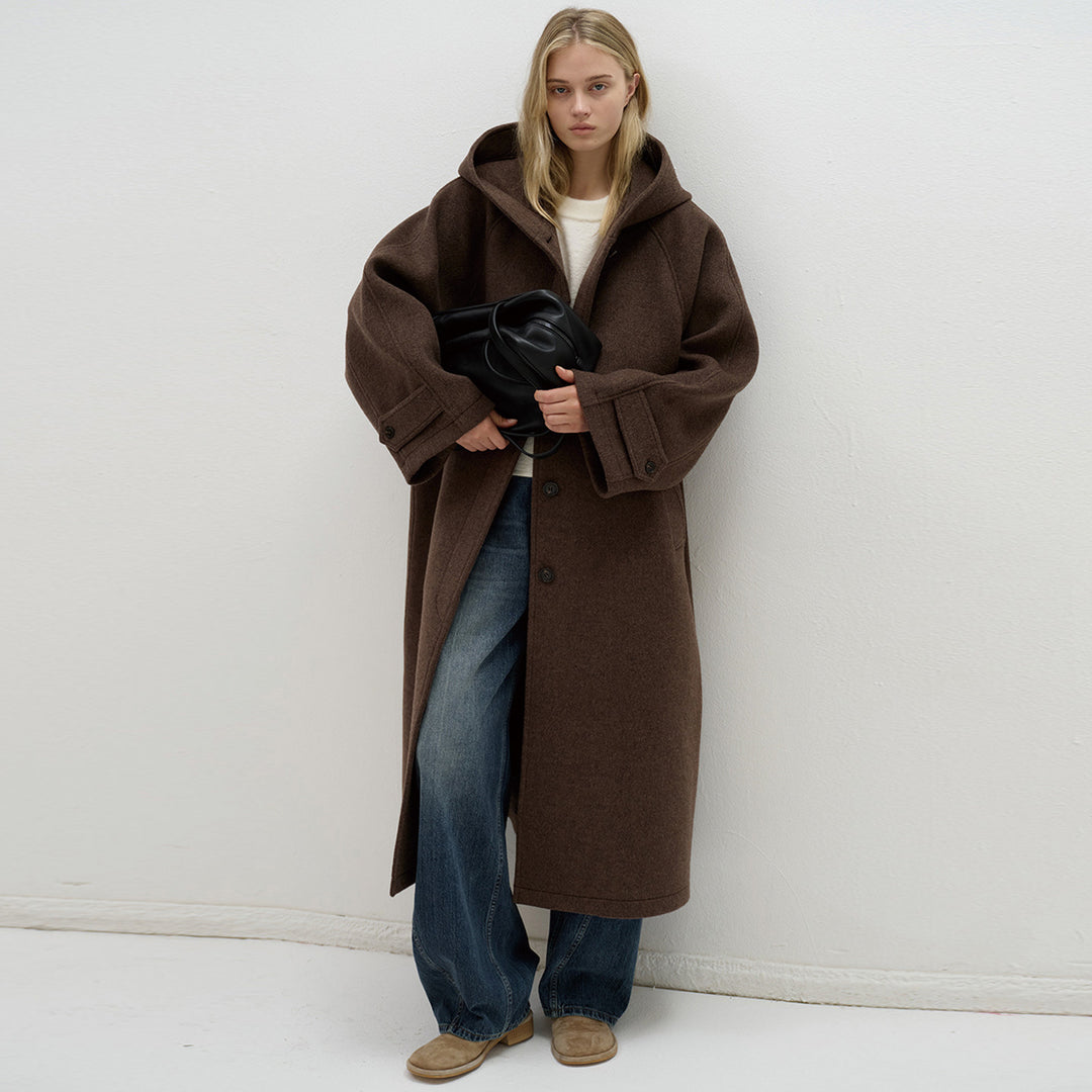 Damen oversized Wollmantel mit praktischer Kapuze Drune