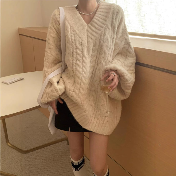 Damen Strickpullover mit strukturiertem Kabelmuster und voluminösen Ärmeln Drune