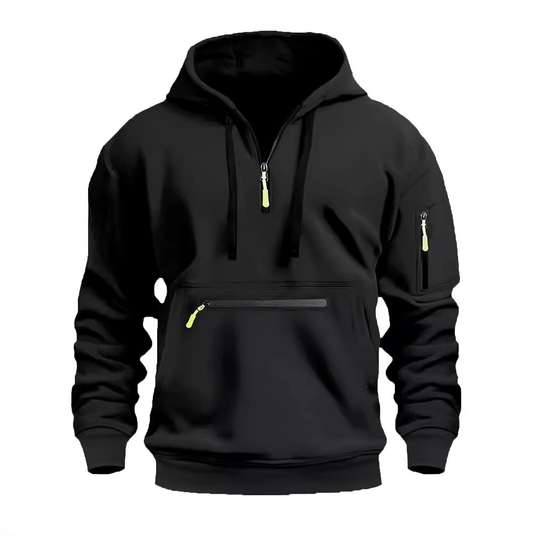 Herren nan technischer Halbzip Kapuzenpullover mit frontaler Reißverschlusstasche und Ärmel-Tasche Drune