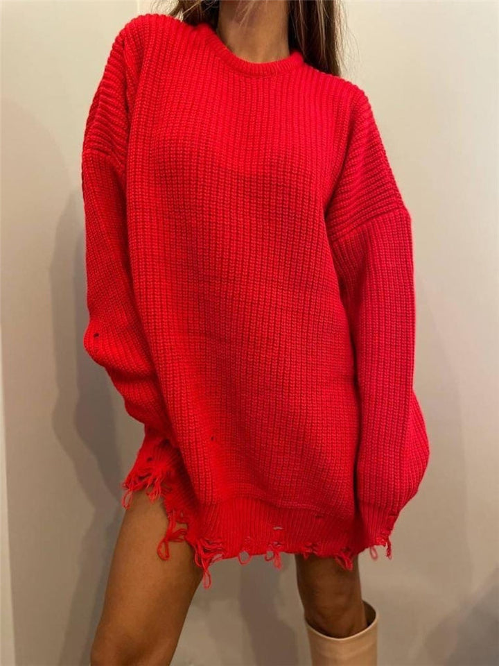 Damen lässiger Langpullover mit strukturiertem Rippdesign und offenen Säumen Drune