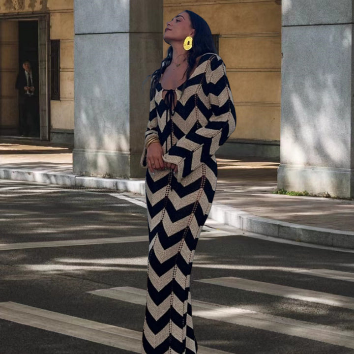 Damen Strick-Maxi-Kleid mit Zickzackmuster und dezenten Cut-Outs Drune