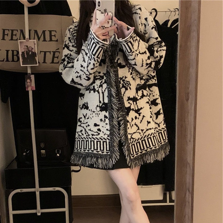 Damen Fransen-Strickjacke mit grafischem Muster und offenen Vorderteilen Drune