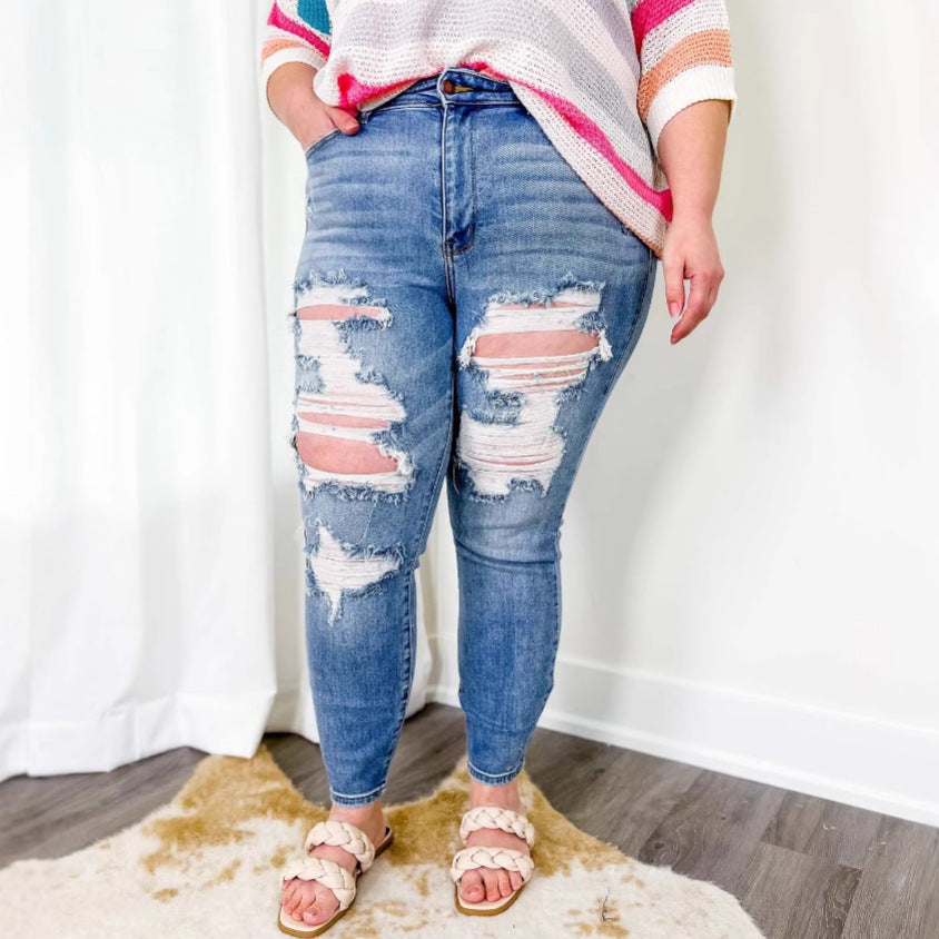 Damen Skinny Jeans mit modischem destroyed Look und elastischem Bund Drune