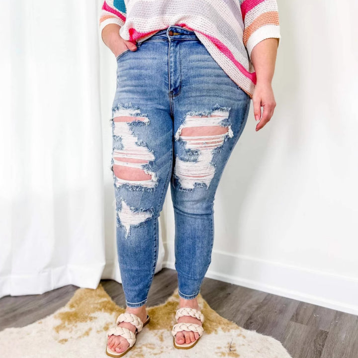 Damen Skinny Jeans mit modischem destroyed Look und elastischem Bund Drune