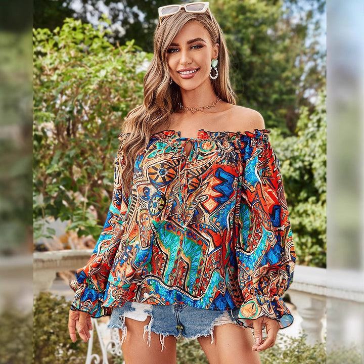 Damen Off-Shoulder Bluse mit voluminösen Ärmeln und Knoten-Detail Drune