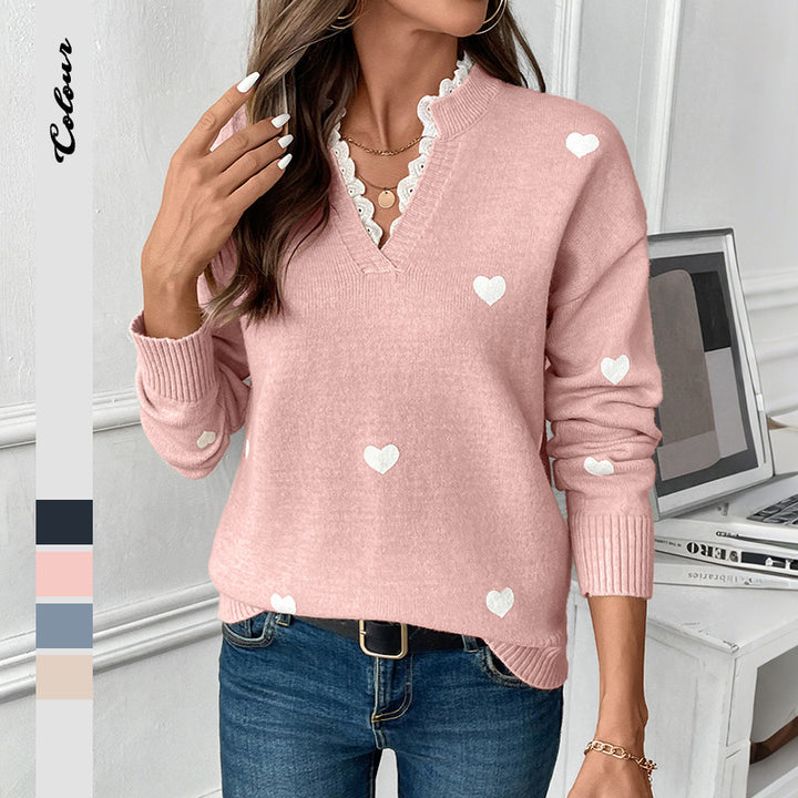 Damen Strickpullover mit Herzmuster und Rüschendetails Drune