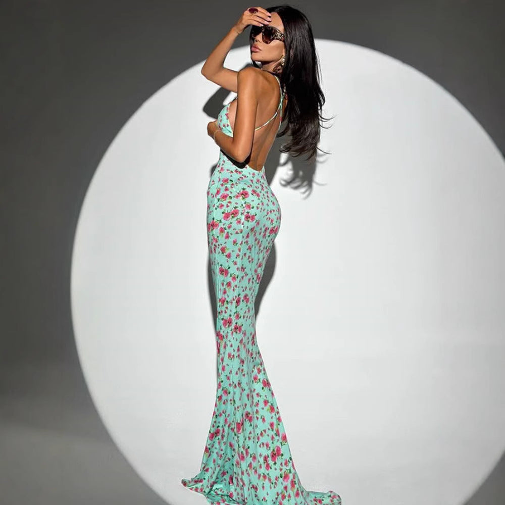 Damen figurbetontes Blumen-Maxikleid mit Spaghettiträgern und elegantem Schnitt Drune