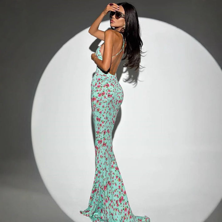 Damen figurbetontes Blumen-Maxikleid mit Spaghettiträgern und elegantem Schnitt Drune