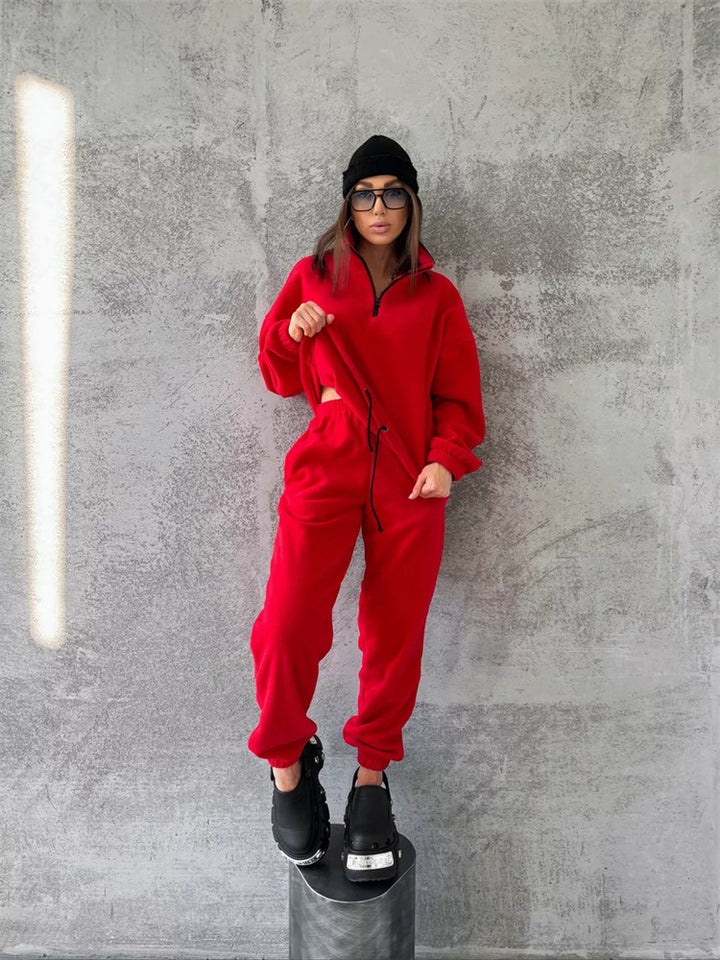 Damen kuscheliger Fleece-Jogginganzug mit Stehkragen und Kordelzug Drune