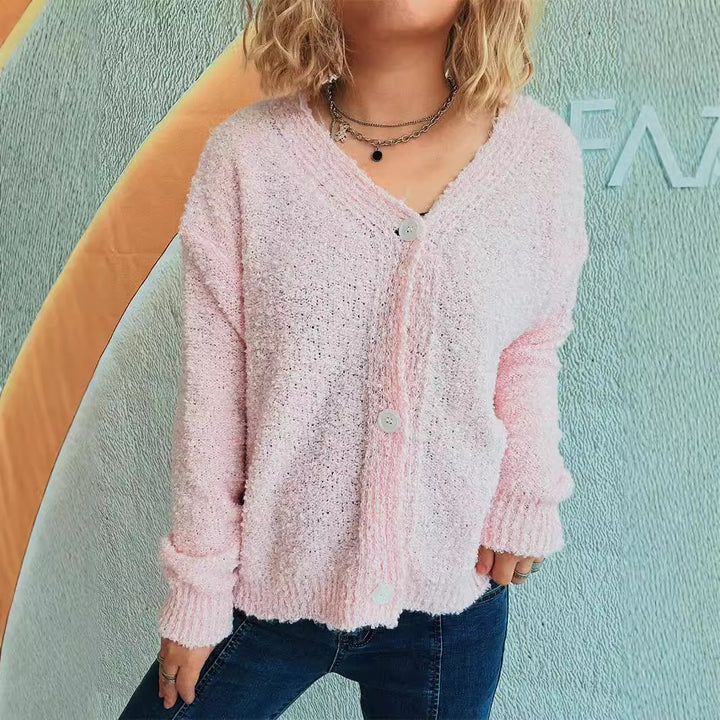 Damen gemütlicher Strickcardigan mit Knopfdetails und V-Ausschnitt Drune