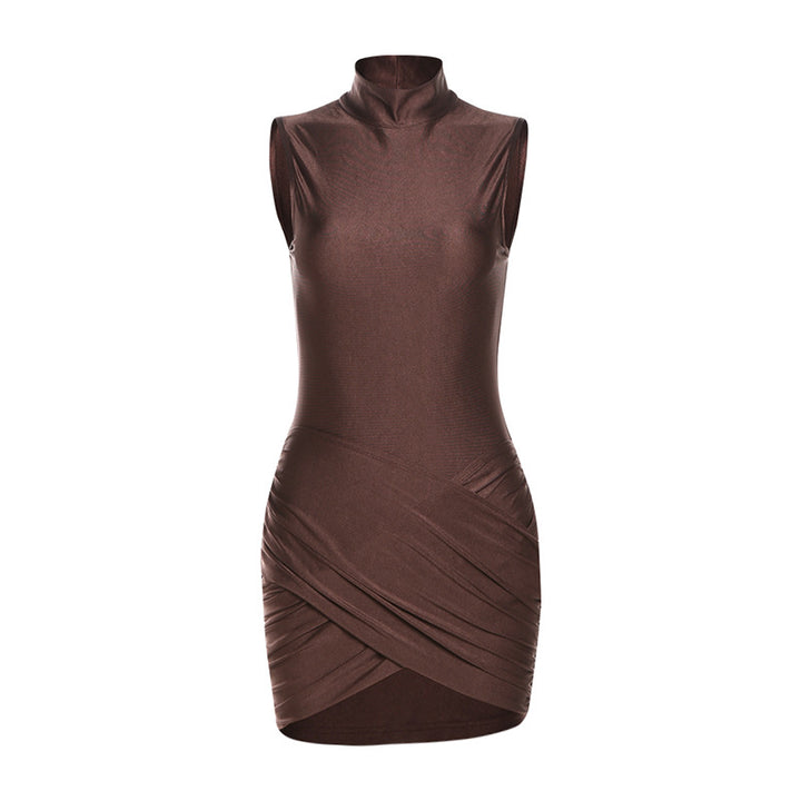 Damen figurbetontes Minikleid mit hochgeschlossenem Kragen und zeitlosem Drapierungsdesign Drune