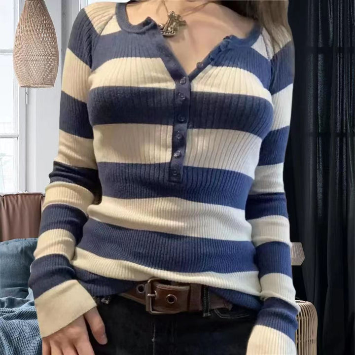 Damen Langarmshirt mit Knopfleiste und Streifenmuster Drune