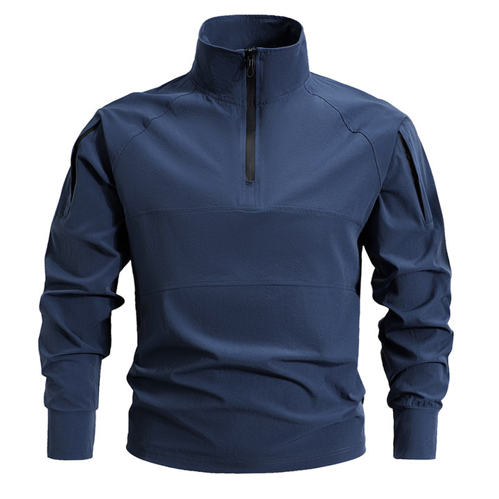 Herren nan leichtes taktisches Zip-Pullover mit hohem Kragen Schulterklappen und verdeckten Reißverschlusstaschen Drune
