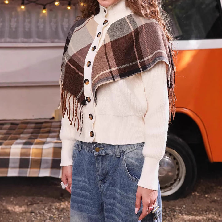 Damen eleganter Cardigan mit Fransen und dekorativen Knöpfen Drune