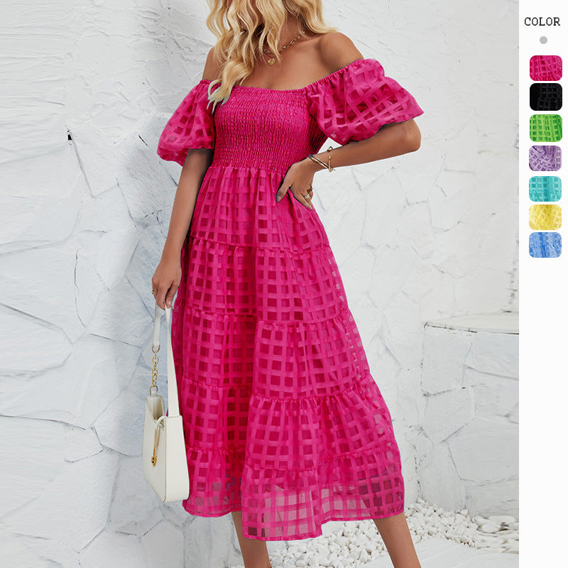 Damen Midi-Kleid mit Puffärmeln und elastischem Taillengürtel Drune
