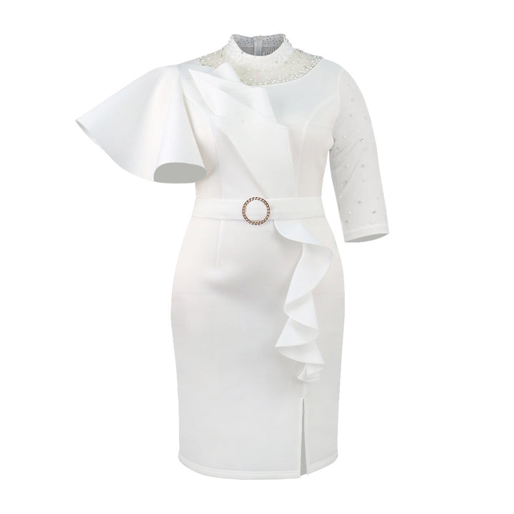 Damen Cocktailkleid mit asymmetrischem Rüschendesign und dekorativen Perlenakzenten Drune