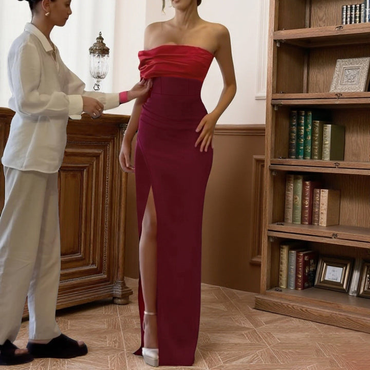 Damen schulterfreies Abendkleid mit elegantem Drapierungseffekt und hohem Schlitz Drune