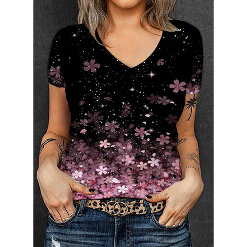 Damen V-Ausschnitt T-Shirt mit floralem Überblendedesign Drune