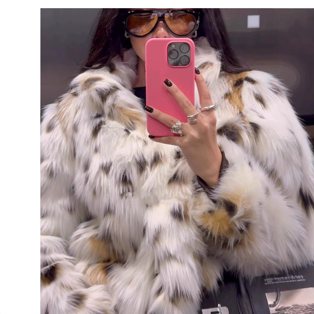 Damen Flauschige Leopardenmuster Kunstpelzjacke Drune
