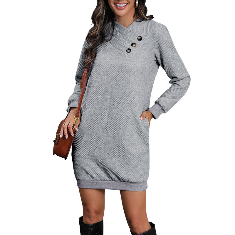 Damen Sweatkleid mit strukturiertem Muster und dekorativen Knopfdetails Drune