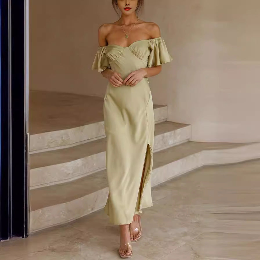 Damen Off-Shoulder Midi-Kleid mit voluminösen Ärmeln und eleganten Akzenten Drune
