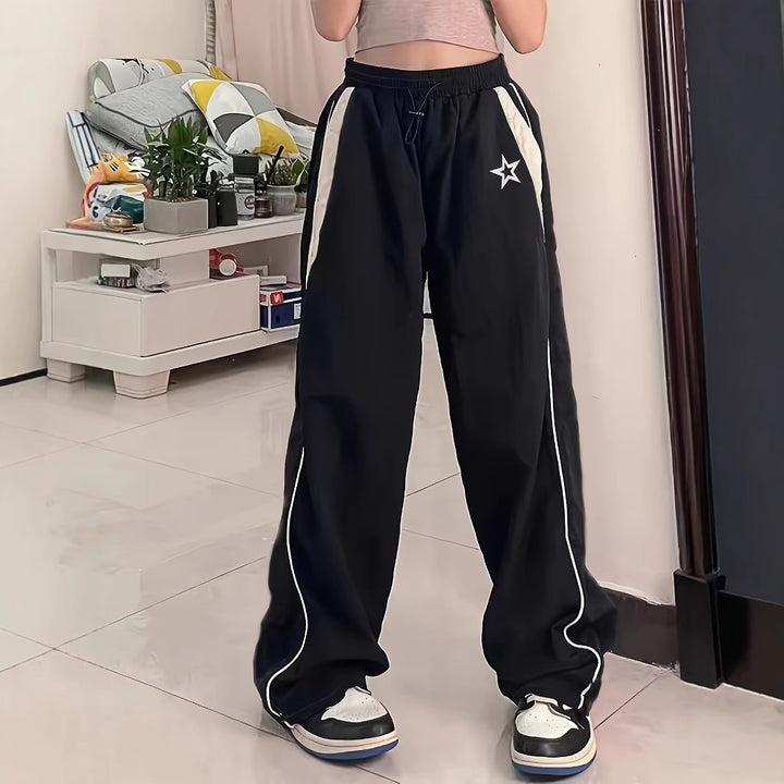 Damen Sportliche Weite Hose mit seitlichen Streifen und elastischem Bund Drune