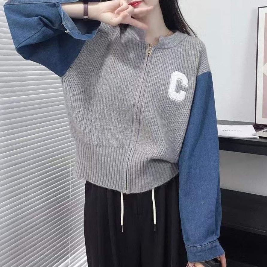 Damen Trendige Strickjacke mit Denim-Ärmeln Drune