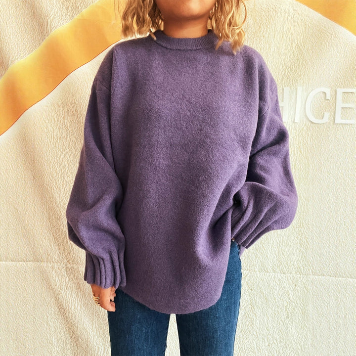 Damen lässiger Strickpullover mit weitem Rundhalsausschnitt und fluffiger Textur Drune