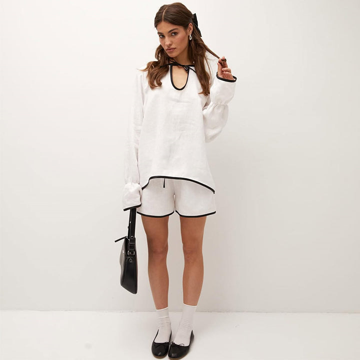 Damen luftiges Leinen-Loungewear-Set mit lockerem Oberteil und Shorts Drune