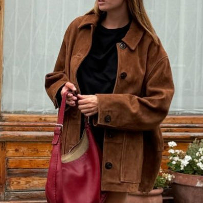 Damen elegante Wildlederjacke im Oversized-Stil Drune