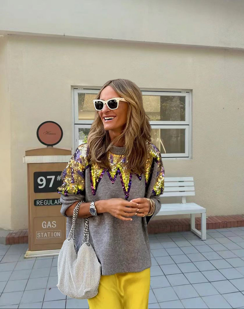 Damen Glitzerndes Oversize-Pullover mit einzigartigem Design und funkelnden Details Drune