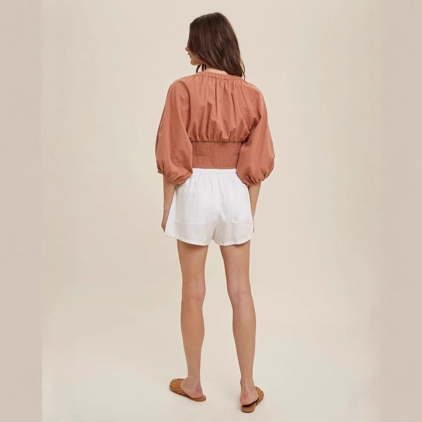 Damen cropped Bluse mit Puffärmeln Drune