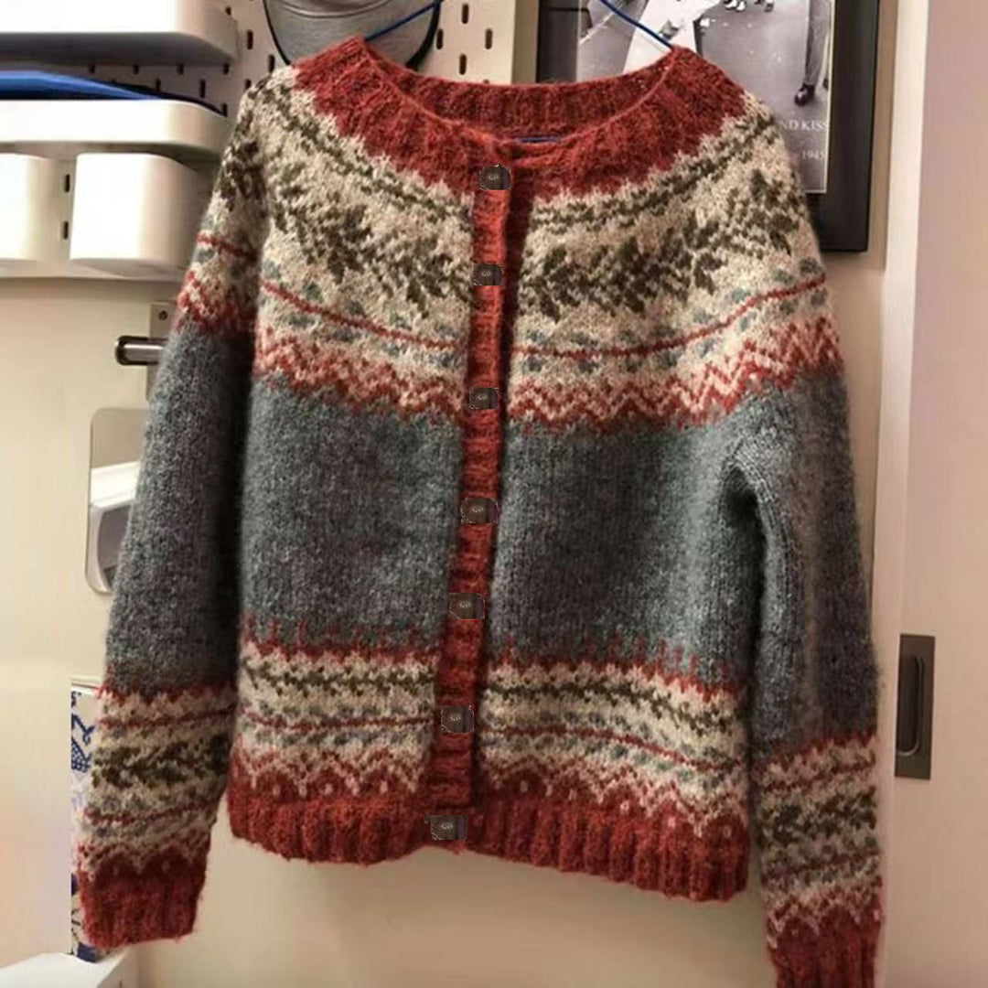 Damen nan gemusterte Strickjacke mit Rundpasse, Holzknöpfen und Eingrifftaschen Drune