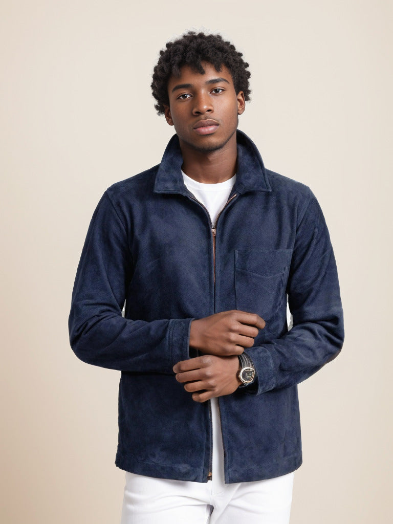 Herren modische Wildlederjacke mit hohem Stehkragen Drune